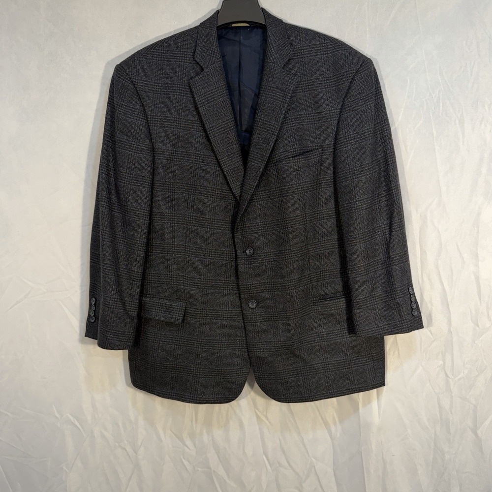 Joseph & Feiss 2 Button 100% Lambswool Blazer Sport Coat 46 Plaid Gray
